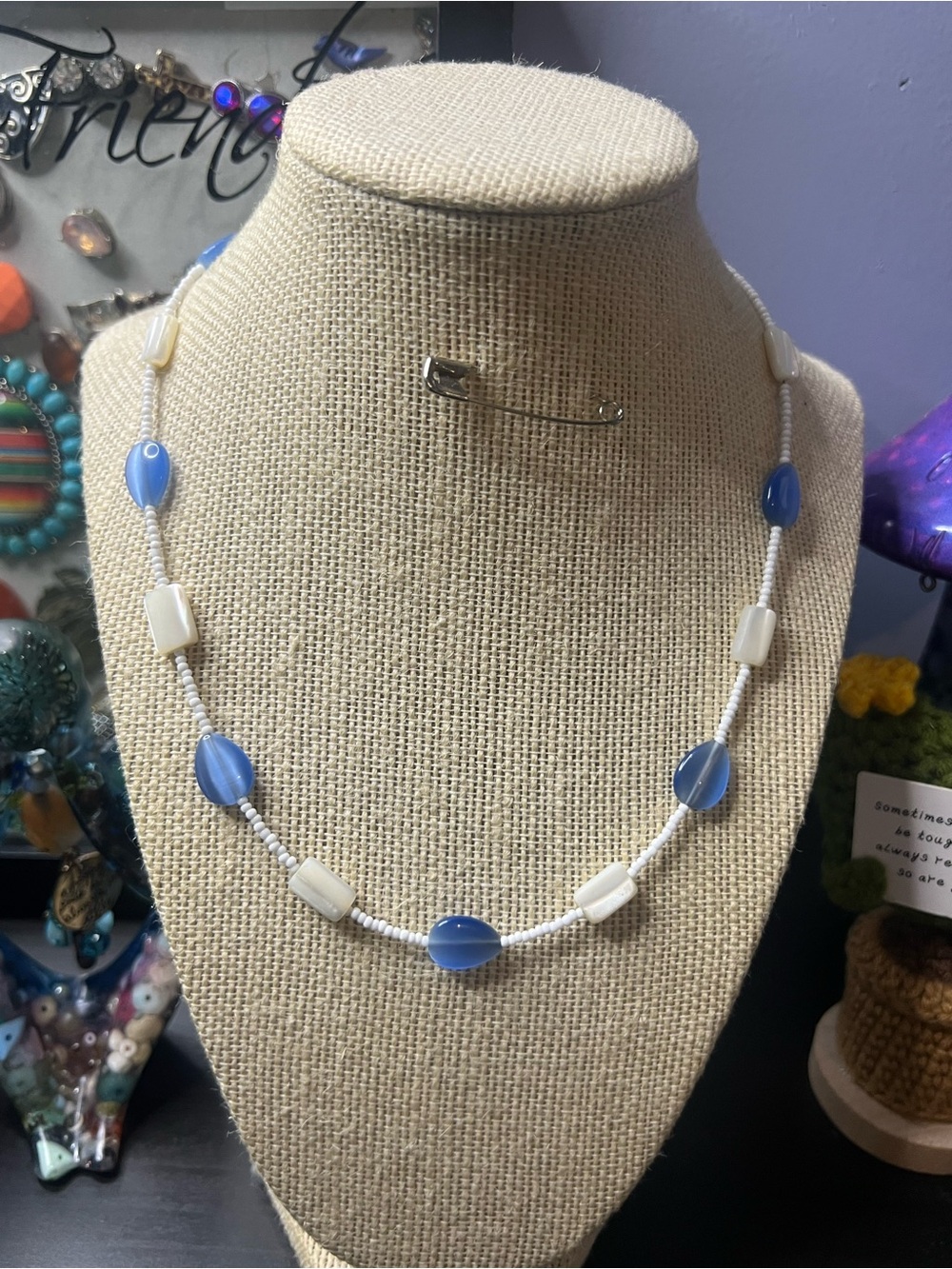 #220. Handmade Beaded Choker Necklace Blue & White Beads
